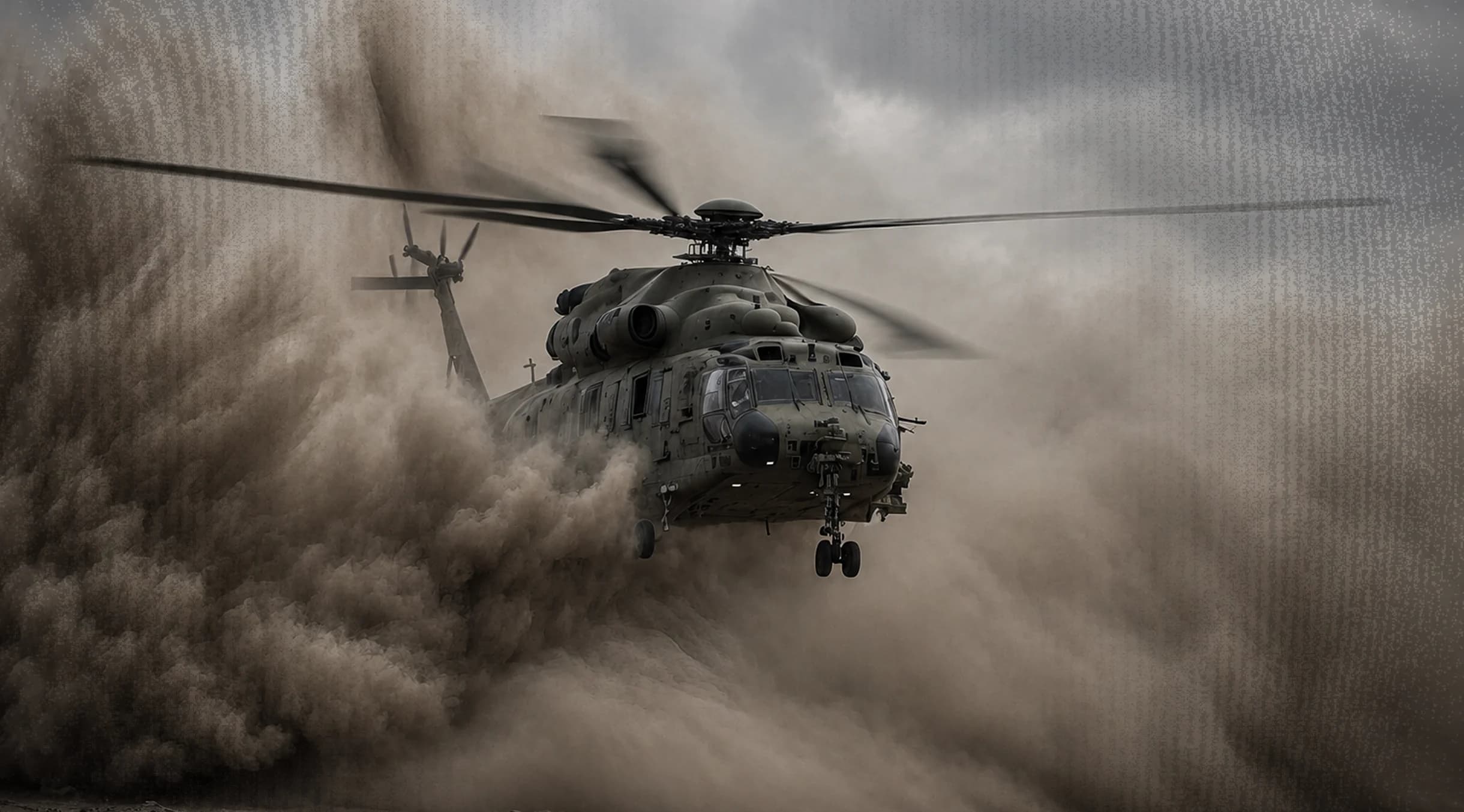 Chopper in action, smoke around in the air