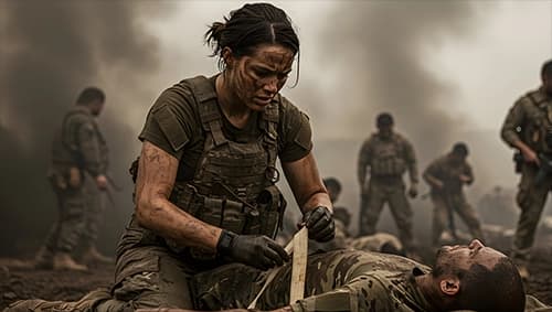A medic taking care of a wounded soldier on the field